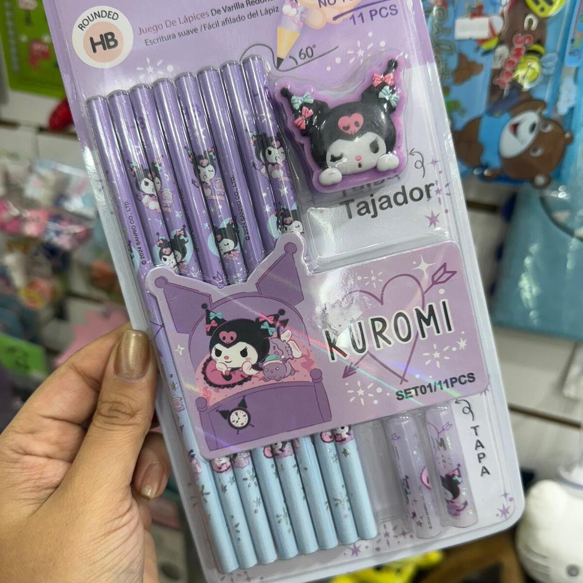 Set escolar de lápices negros + sacapuntas kuromi