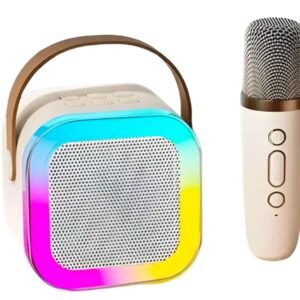 Parlante con micrófono portátil de color Beige ideal para karaoke Inalambrico Infantil Fiestas Niños